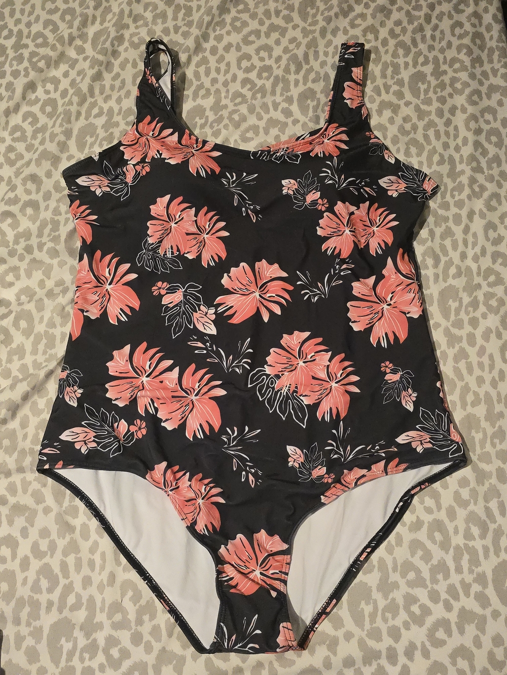 Black One-Piece Swimsuit with Coral Floral Print